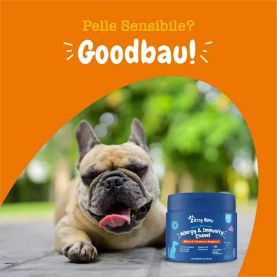 Zesty Paws Allergy & Immunity Chews Skin & Immune Support, lattina con 90 pezzi. Testo: Pelle sensibile? Goodbau!