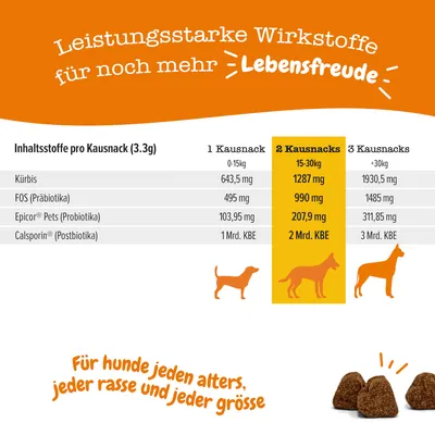 Tableau des ingrédients par poids du chien et nombre de snacks : citrouille, FOS, Epicor Pets, Calsporin. Texte en allemand, valeurs pour 1 à 3 snacks selon le poids.