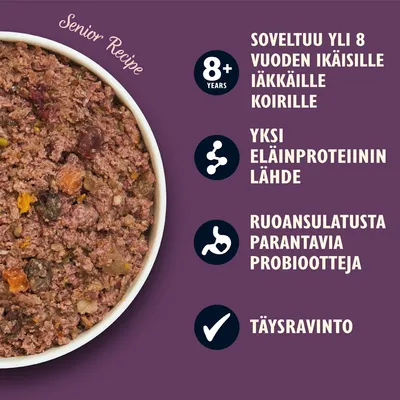 Senior Recipe. Soveltuu yli 8 vuoden ikäisille iäkkäille koirille, yksi eläinproteiinin lähde, ruoansulatusta parantavia probiootteja, täysravinto.