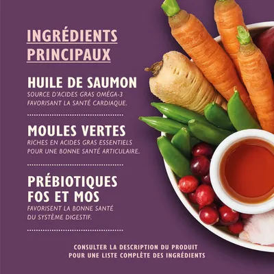 INGRÉDIENTS PRINCIPAUX : huile de saumon, moules vertes, prébiotiques FOS et MOS. Consulter la description du produit pour une liste complète des ingrédients.