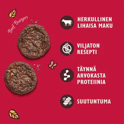 Beef Burgers. Herkullinen lihainen maku, viljaton resepti, täynnä arvokasta proteiinia, suutuntuma.