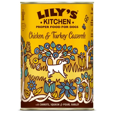 Lily's Kitchen Chicken & Turkey Casserole. Proper Food for Dogs s mrkví, dýní a perlou.