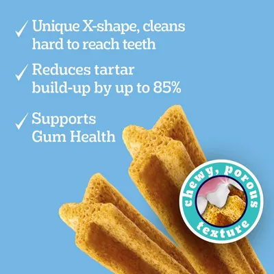Unique X-shape cleans hard to reach teeth, reduces tartar build-up by up to 85%, supports gum health, chewy porous texture.