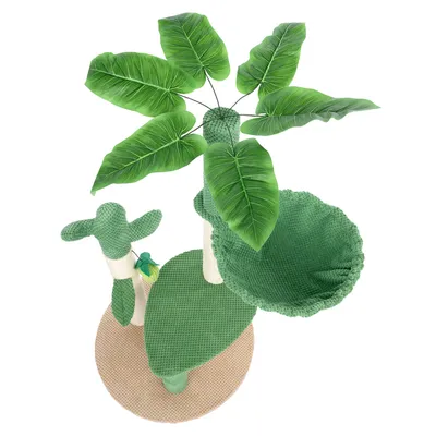 Krabpaal met tropisch design, groene bladeren, sisalpalen en een hangmat.