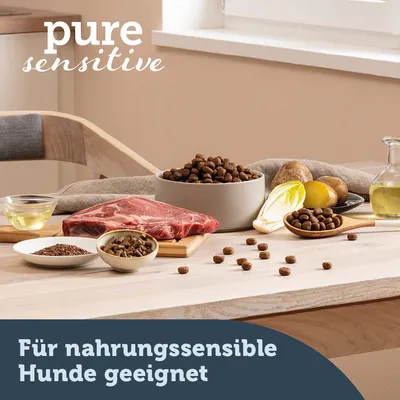 pure sensitive. Für nahrungssensible Hunde geeignet. Croquettes dans un bol, viande crue, huile, endive, pommes de terre et graines visibles sur une table.