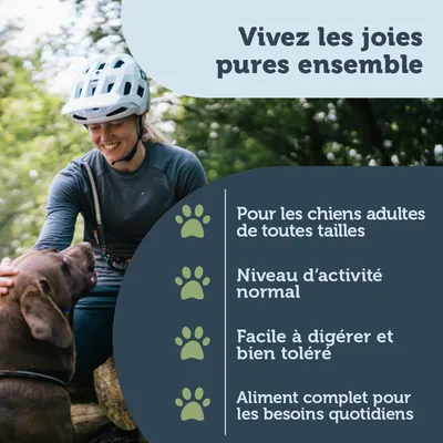Vivez les joies pures ensemble. Pour les chiens adultes de toutes tailles, niveau d’activité normal, facile à digérer et bien toléré, aliment complet pour les besoins quotidiens.