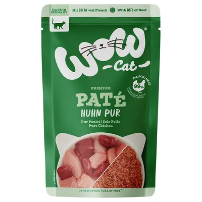 WOW Cat Premium Paté Huhn Pur, 99 % mięsa, bez zbóż, Made in Germany. Widoczne kawałki kurczaka i pasztet na opakowaniu.