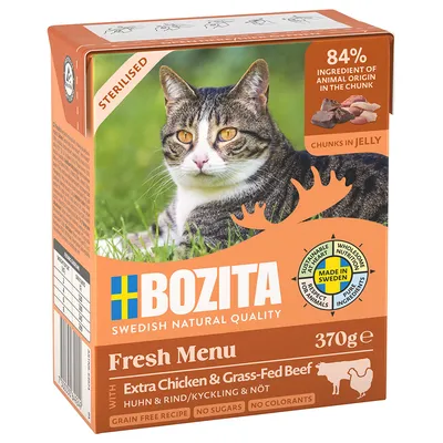 Bozita Fresh Menu, sterilised, Huhn & Rind in Gelee, 370g. 84% tierische Zutaten, Made in Sweden, getreidefrei, ohne Zucker, ohne Farbstoffe.