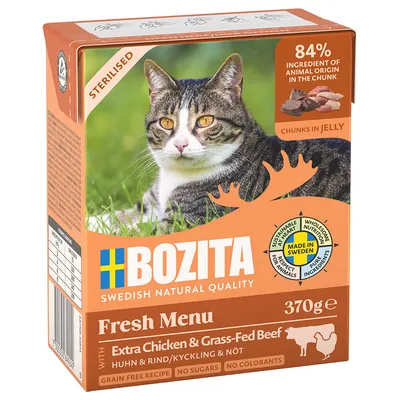 Bozita Fresh Menu para gatos esterilizados, 370 g. 84 % ingrediente de origen animal en trozos con gelatina. Con pollo extra y ternera alimentada con pasto. Hecho en Suecia.