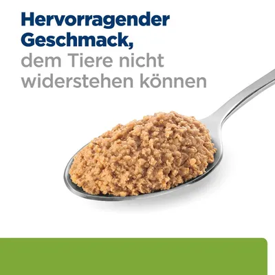 Texte en allemand : Hervorragender Geschmack, dem Tiere nicht widerstehen können. Cuillère avec pâtée pour animaux.