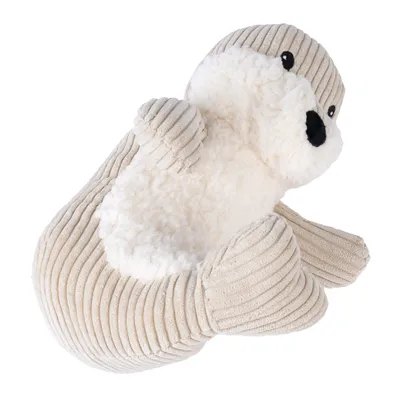 Plush toy shaped like an otter, beige with a white belly and black eyes. Suitable for pets to play or cuddle with.