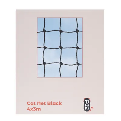 Tiaki Cat Net Black, Grösse 4x3m. Schwarzes Netz mit quadratischer Maschenstruktur vor blauem Hintergrund.