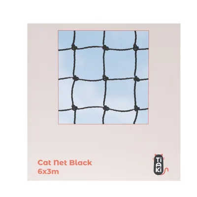 Tiaki Cat Net Black, Grösse 6x3m. Schwarzes Netz mit quadratischer Maschenstruktur vor blauem Hintergrund.