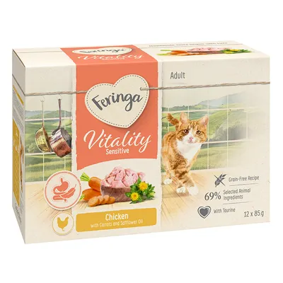 Feringa Vitality Sensitive Adult. Chicken with carrots and safflower oil, grain-free, 69% selected animal ingredients, with taurine. Pack contains 12 x 85g.