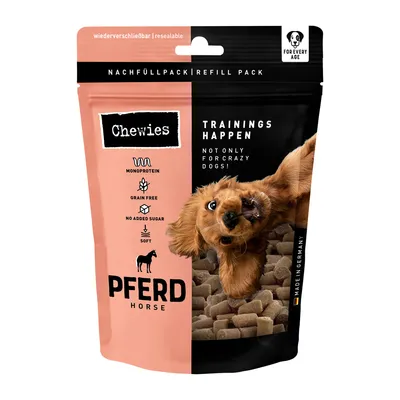 Chewies Trainingshappen Pferd, Monoprotein, getreidefrei, ohne Zuckerzusatz, weich. Nachfüllpack, wiederverschliessbar. Made in Germany. Für Hunde jeden Alters.