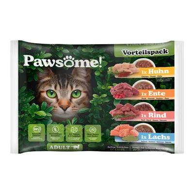 Pawsome! Выгодная упаковка для кошек, 4 вида: курица, утка, говядина, лосось. Без зерна, с таурином и витаминами, без добавления сахара. Сочные кусочки в соусе. 88% ингредиентов животного происхождения.