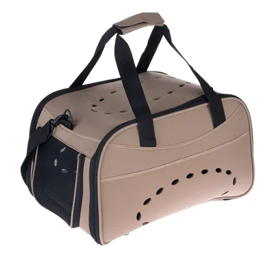 Sac de transport beige pour animaux, avec poignées noires, aérations ovales sur les côtés et dessus, panneau latéral en maille noire, fermeture éclair visible.