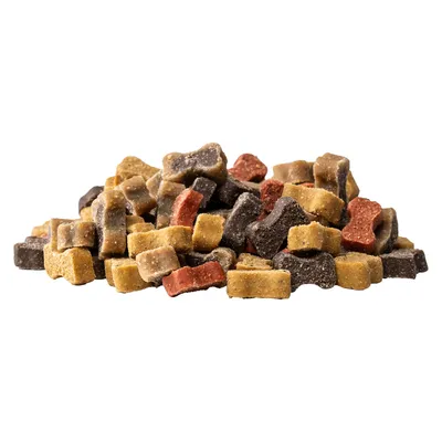 Bonte hondensnacks in botvorm, diverse kleuren: geel, rood, bruin en zwart.