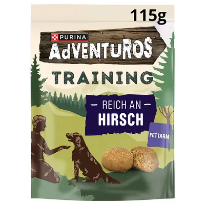 Purina Adventuros Training, rich in venison, low fat, 115g. Packaging shows dog and person in forest landscape with two treats.
