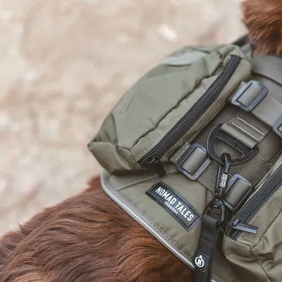 Nomad Tales Hundegeschirr mit Taschen, Reissverschlüssen und robusten Schnallen. Label 'Nomad Tales Munich' sichtbar.