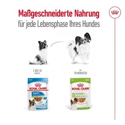 Royal Canin. Prilagođena hrana za svaku životnu fazu psa: Puppy 2 do 10 mjeseci, X-Small Adult od 10 mjeseci. Vidljive ambalaže s prikazom proizvoda.