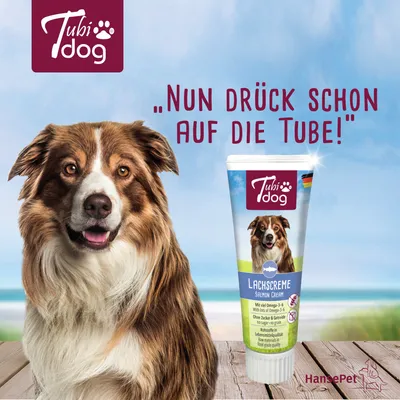 TubiDog Lachscreme mit Omega-3-6, ohne Zucker und Getreide, lebensmitteltauglich. Text: 'Nun drück schon auf die Tube!' HansePet Logo sichtbar.
