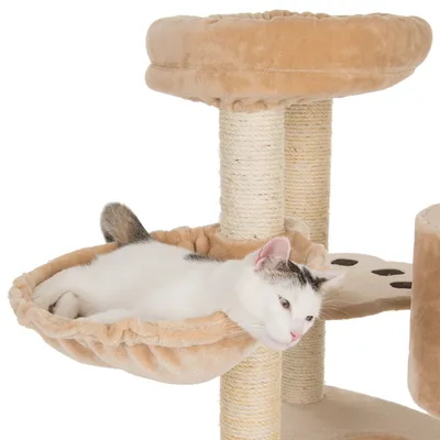 Cat tree with beige plush and sisal posts, cat lying relaxed in a hammock. Multiple levels visible.