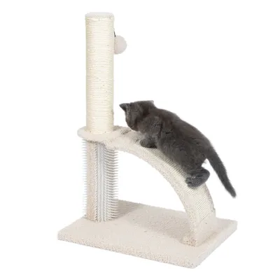 Arbre à chat beige avec poteau en sisal, arche recouverte de tissu, brosse verticale blanche et balle suspendue, chaton gris dessus.