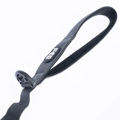 Gråt hundehalsbånd med polstret løkke og plastiklås, egnet til sikker fastholdelse.