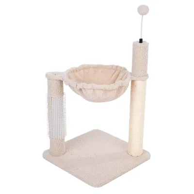 Cat tree with beige lying surface, sisal scratching post, brush and toy ball on spring.