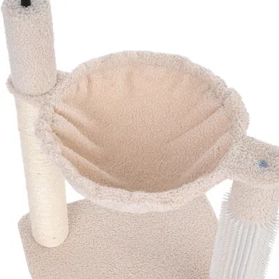 Beige scratching post with soft lying surface, sisal-wrapped posts and stable base plate.
