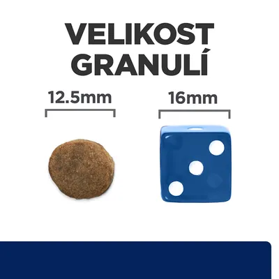 Porovnanie veľkosti granule 12,5 mm a hracej kocky 16 mm. Text v češtine: VELIKOST GRANULÍ.