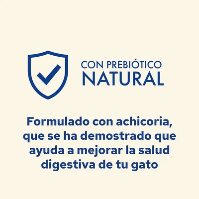 Text in Spanish: Con prebiótico natural. Formulado con achicoria, que se ha demostrado que ayuda a mejorar la salud digestiva de tu gato.