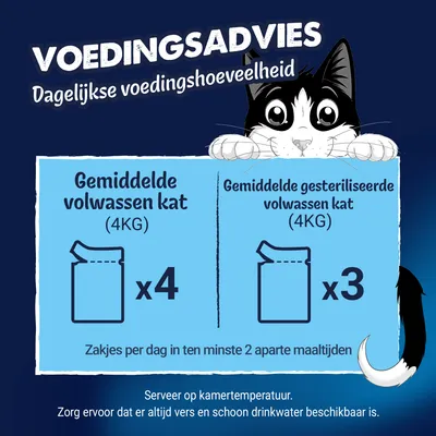 Voedingsadvies: Gemiddelde volwassen kat (4 kg), 4 zakjes per dag; gemiddelde gesteriliseerde volwassen kat (4 kg), 3 zakjes per dag, verdeeld over minimaal 2 maaltijden. Voedingsadvies: Gemiddelde volwassen kat (4 kg), 4 zakjes per dag; gemiddelde gesteriliseerde volwassen kat (4 kg), 3 zakjes per dag, verdeeld over minimaal 2 maaltijden.