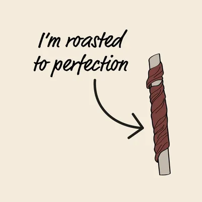 Illustration of a treat stick with text stating 'I'm roasted to perfection' and an arrow pointing to the treat.