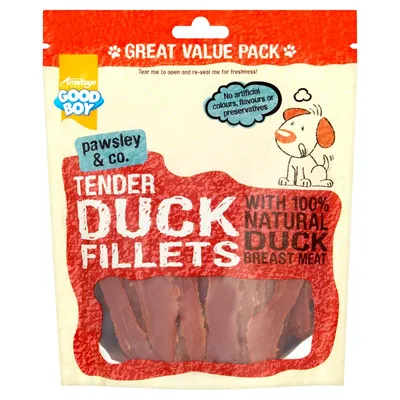 Tender duck fillets with 100% natural duck breast meat, no artificial colours, flavours or preservatives. Great value pack. Tear to open and reseal for freshness.