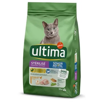 Zak Ultima kattenvoer voor gesteriliseerde senior katten, kip als hoofdingrediënt, 10 kg. Tekst op verpakking: 'Stérilisé', 'Senior Age Vital', 'Poulet', 'Sans colorants conservateurs'.