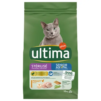 Суха храна за котки Ultima Sterilisé Senior Age Vital с пиле, 10 кг. Видими надписи: STERILISÉ, SENIOR AGE VITAL +10 Ans, SANS colorants, conservateurs, arômes artificiels.