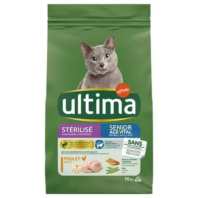 Ultima Sterilisé Senior Age Vital kattenvoer, kip, 10 kg. Tekst op verpakking: zonder kunstmatige kleurstoffen, conserveermiddelen of toegevoegde suikers. Voor katten ouder dan 10 jaar.