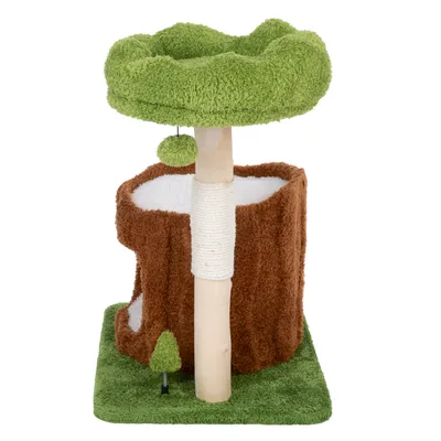 Rascador con diseño de árbol, zona de descanso verde, cueva marrón, superficie de sisal para rascar y pelota de juego. Base de material de alfombra verde.