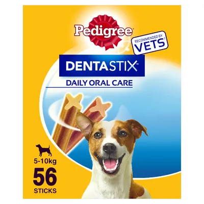 Pedigree Dentastix Daily Oral Care, recommended by vets, 56 sticks for dogs 5–10 kg. Yellow and blue packaging with product name and dog silhouette visible.