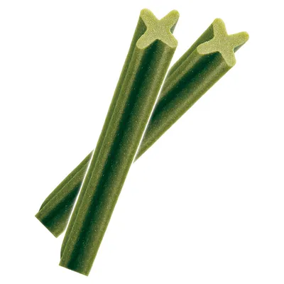 Three green stick-shaped chews with X-shaped cross-section, no visible branding or text