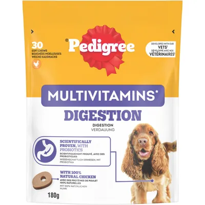 Pedigree Multivitamins Digestion, 30 mjuka tuggpinnar, vetenskapligt bevisat med probiotika, med 100 % naturlig kyckling, utvecklade tillsammans med veterinärer, 180 g. Pedigree Multivitamins Digestion, 30 mjuka tuggpinnar, vetenskapligt bevisat med probiotika, med 100 % naturlig kyckling, utvecklade tillsammans med veterinärer, 180 g.