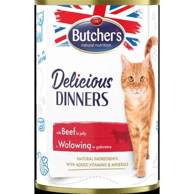 Lata de Butcher's Delicious Dinners con imagen de gato, texto visible: with Beef in jelly, z Wołowiną w galaretce, natural ingredients with added vitamins & minerals.