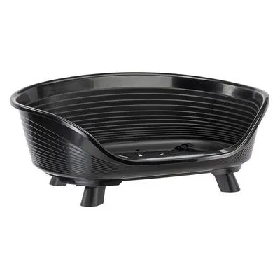 Zwarte kunststof hondenmand met verhoogde poten en geperforeerde bodem, ovale vorm zonder kussen of bekleding zichtbaar.