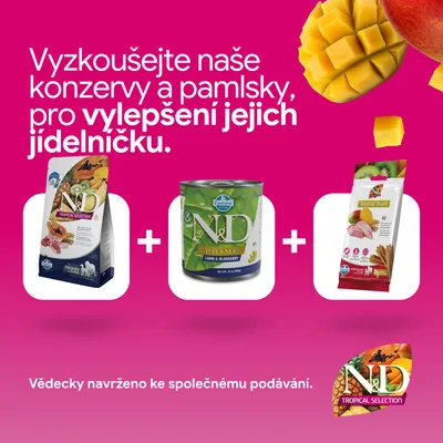 N&D Tropical Selection granule, N&D Prime jehněčí a borůvka vlhké krmivo a N&D Dental Treat. Vědecky vyvinuto pro společné krmení. N&D Tropical Selection granule, N&D Prime jehněčí a borůvka vlhké krmivo a N&D Dental Treat. Vědecky vyvinuto pro společné krmení.