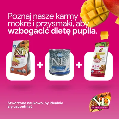 N&D Tropical Selection karma sucha, N&D Ocean karma mokra i Dental Treats od Farmina. Uzupełnij żywienie swojego pupila tymi produktami. N&D Tropical Selection karma sucha, N&D Ocean karma mokra i Dental Treats od Farmina. Uzupełnij żywienie swojego pupila tymi produktami.
