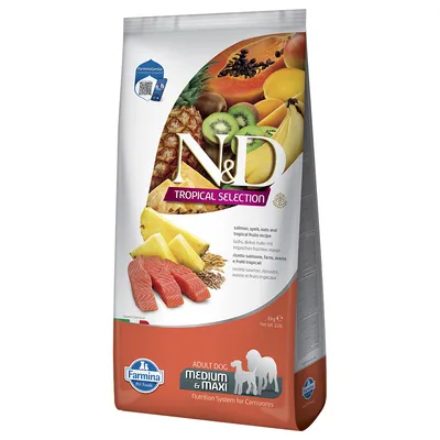 Sac N&D Tropical Selection Farmina Adult Dog Medium & Maxi, recette saumon, épeautre, avoine et fruits tropicaux. Texte en anglais : Nutrition System for Carnivores.