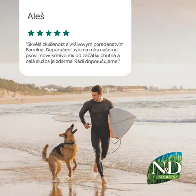 Hodnocení zákazníka s pěti hvězdičkami a text v češtině o pozitivní zkušenosti s nutričním poradenstvím Farmina. Logo: N&D Spirulina. Hodnocení zákazníka s pěti hvězdičkami a text v češtině o pozitivní zkušenosti s nutričním poradenstvím Farmina. Logo: N&D Spirulina.