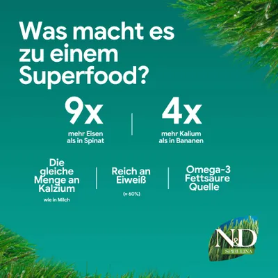N&D Spirulina: 9x mehr Eisen als Spinat, 4x mehr Kalium als Bananen, gleiche Menge Kalzium wie Milch, reich an Eiweiß (ca. 60%), Omega-3 Fettsäure Quelle.
